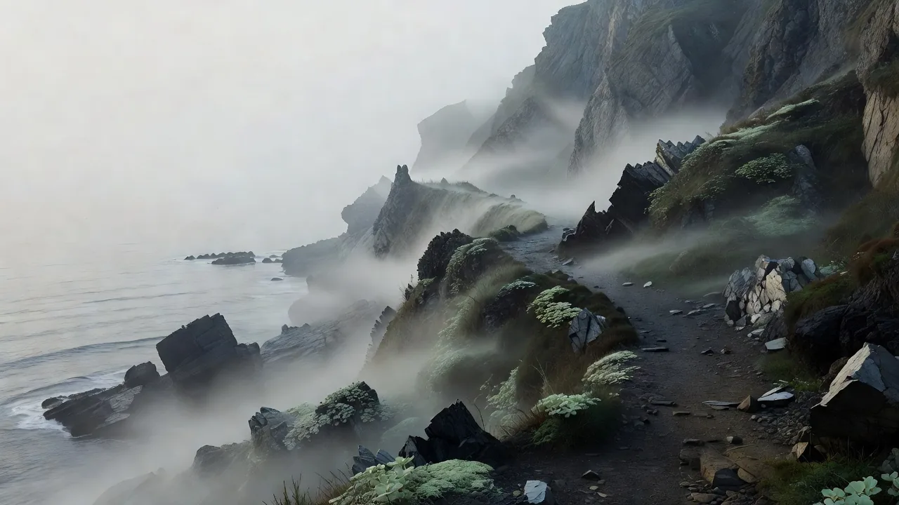 海霧に包まれた崖沿いの小径