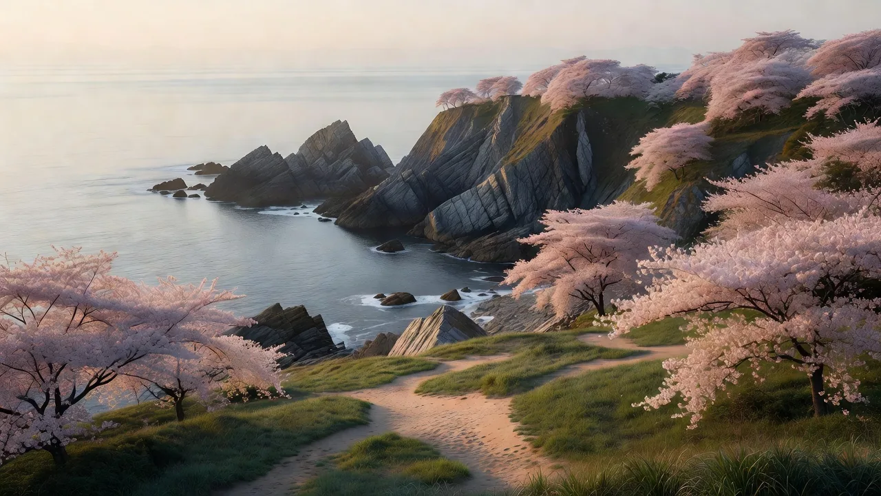 春の桜と海岸線