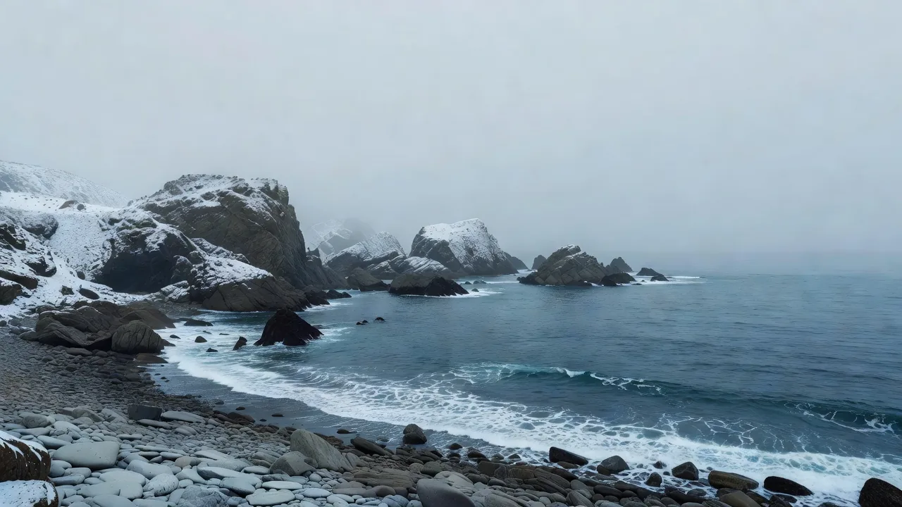 冬の霧に沈む岩礁海岸